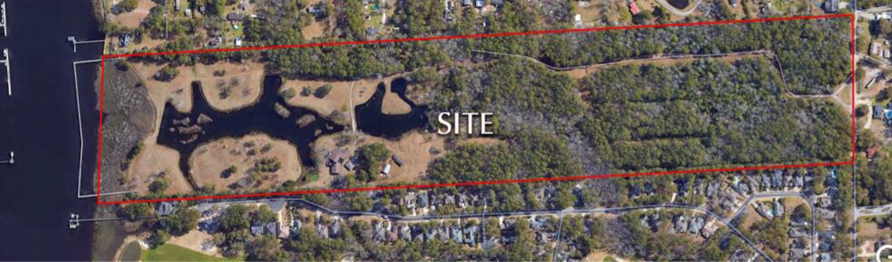 A map shows the area 250 new homes and townhomes will fill along Little River Neck Road.