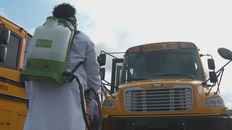 Staff will spray the inside of the buses before afternoon pickups and once again in the...