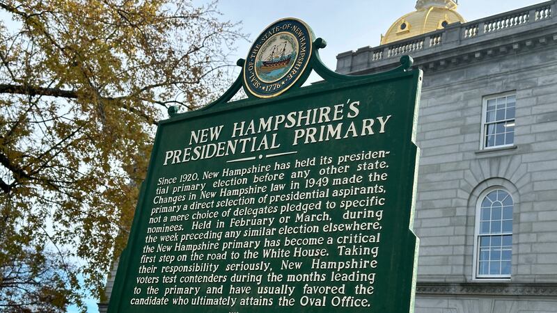 A historical marker displayed outside the Statehouse in Concord, New Hampshire, on Nov. 15,...