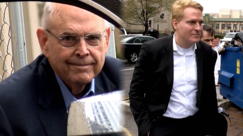 A composite photo of NCGOP Chairman Robin Hayes and Greg Lindberg each leaving federal court...