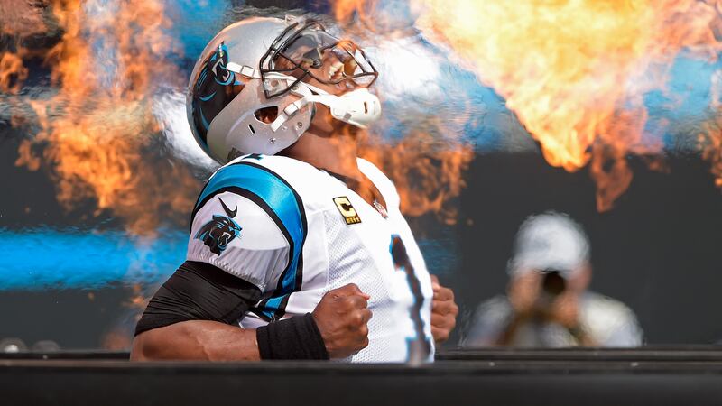 FILE - Carolina Panthers' Cam Newton (1) reacts at he is introduced before an NFL football...