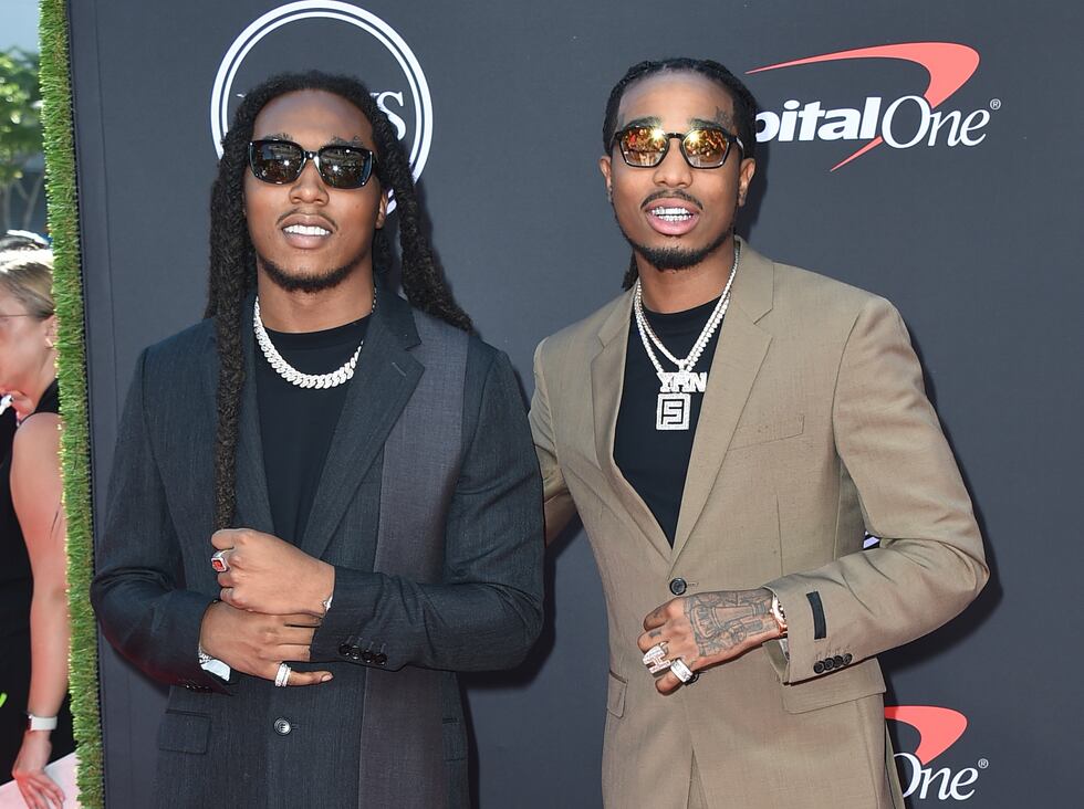 FILE - Takeoff, left, and Quavo, of Migos, arrive at the ESPY Awards in Los Angeles on July...