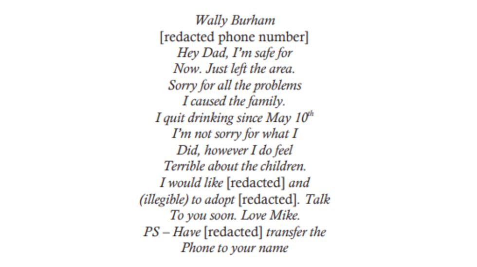 A letter was found in the kidnapping victims' car. Authorities believe it was written by Burham.