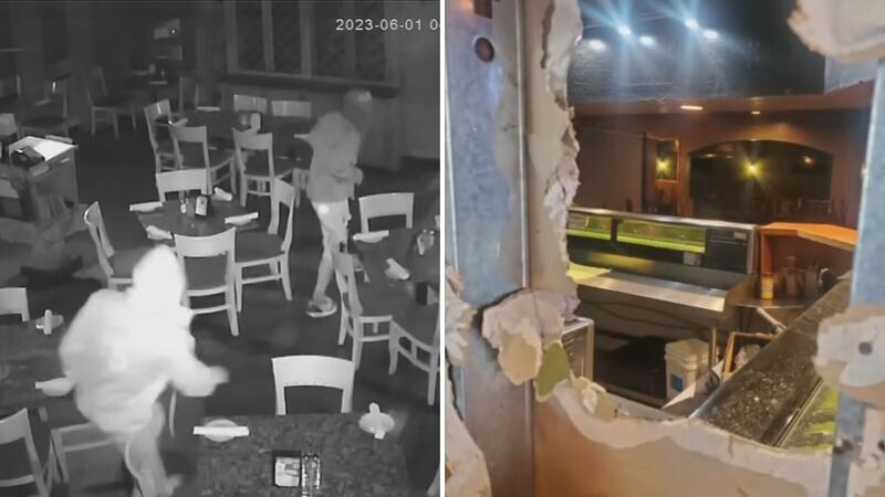 The pair scatter throughout Larson’s restaurant with their faces covered with bandana scarves.