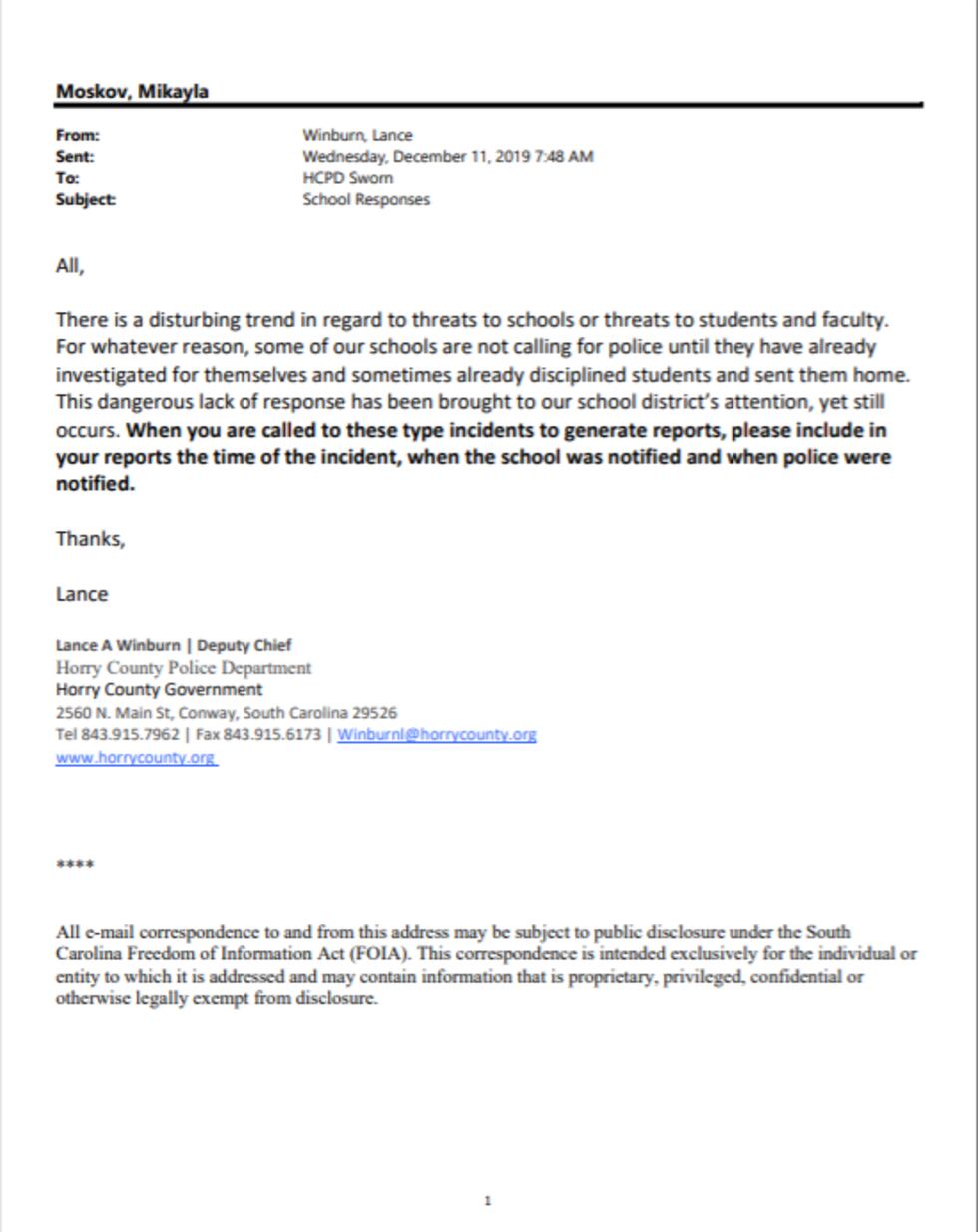 Horry County Police Deputy Chief Lance Winburn sent an email to county police Wednesday...