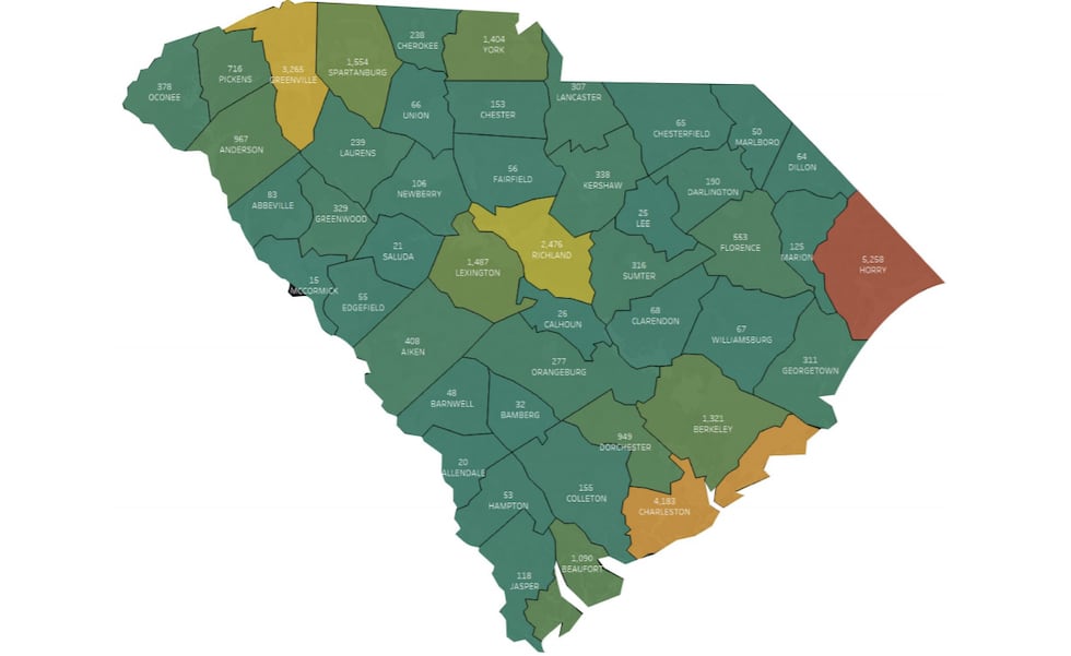 The map shows the number of unemployment claims filed in each county in S.C. for the week of...