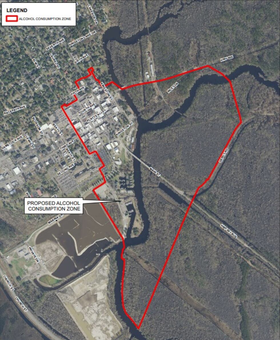 The zone includes part of the Riverwalk and the heart if downtown Conway.