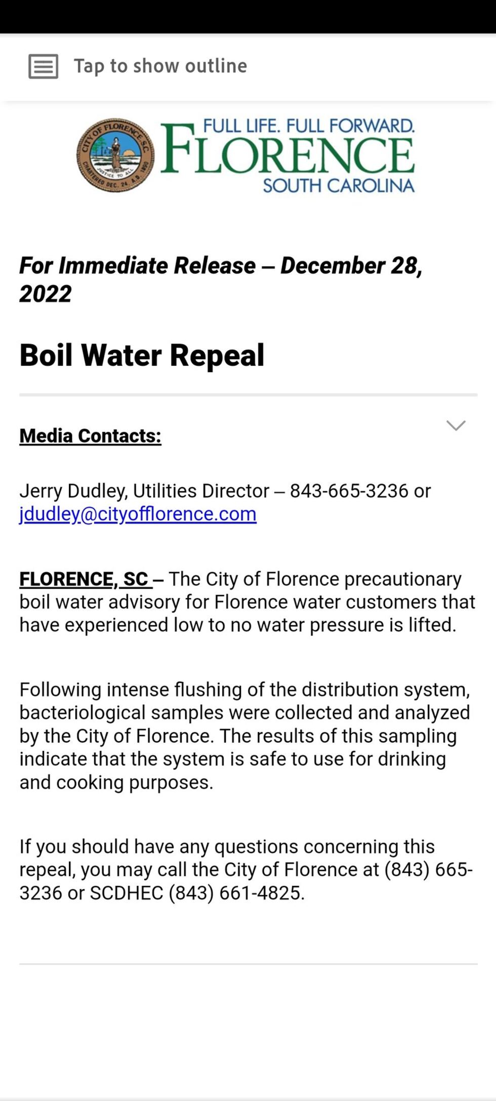 Florence Water boil advisory lifted
