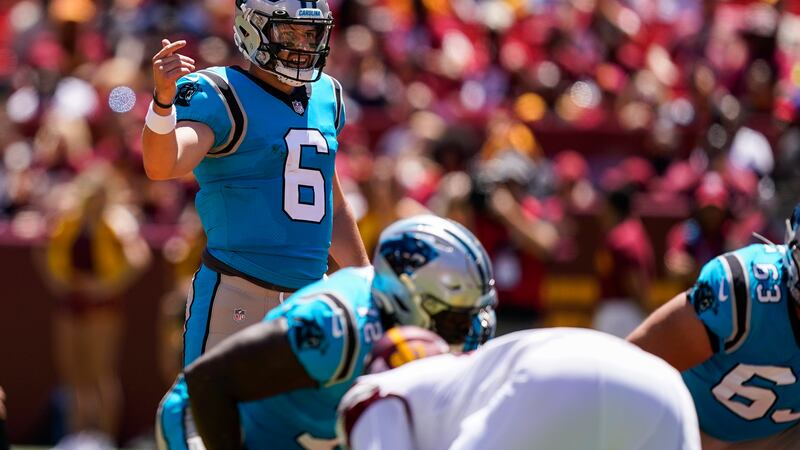 Carolina Panthers quarterback Baker Mayfield (6) directs his team during the first half an NFL...