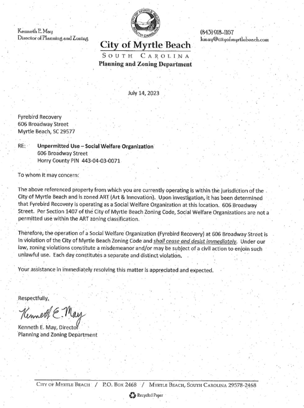 Cease and Desist Letter Fyrebird Recovery received due to zoning violation