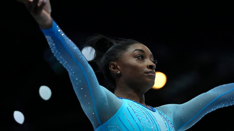 United States' Simone Biles competes on the beam during Women's Qualifications at the Artistic...