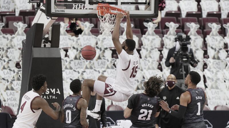 South Carolina Gamecocks forward Wildens Leveque (15) dunks during the game against Texas A&M...