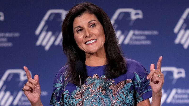 Former U.N. Ambassador Nikki Haley speaks at an annual leadership meeting of the Republican...