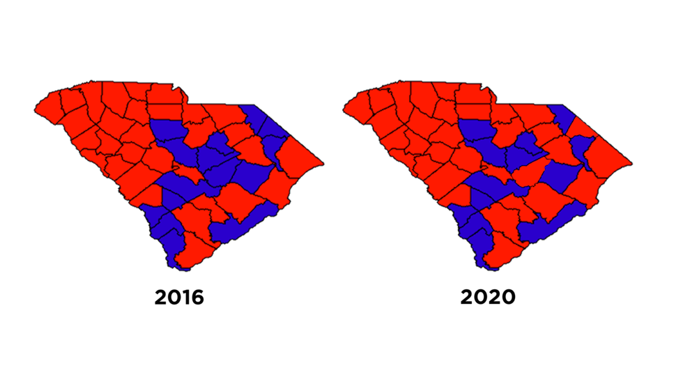 Comparing SC counties from 2016 to 2020